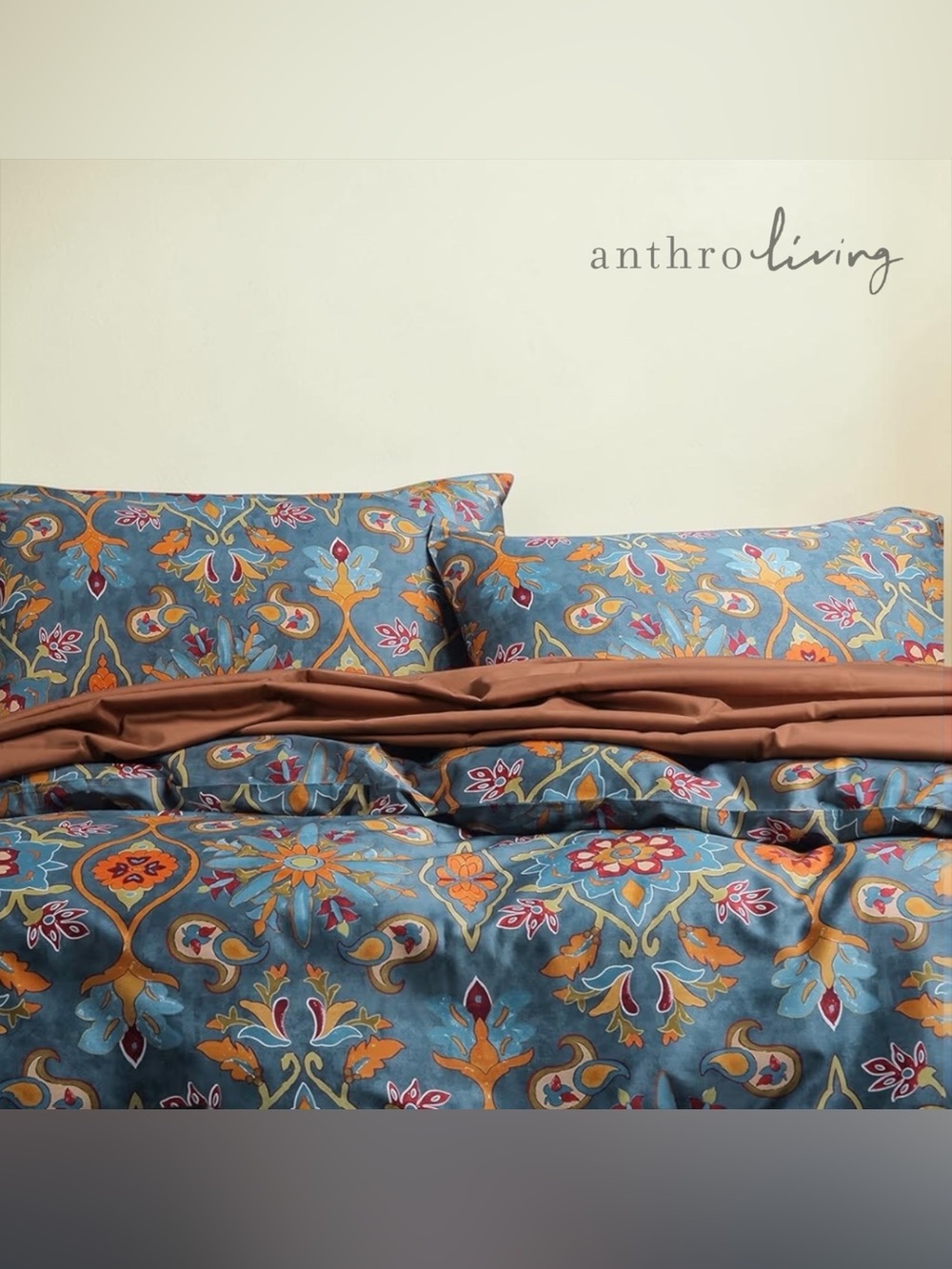 NEW Anthro Blue Damask Boho Queen King Egyptian Cotton Bedding Duvet & Sham Set - Picture 9 of 13